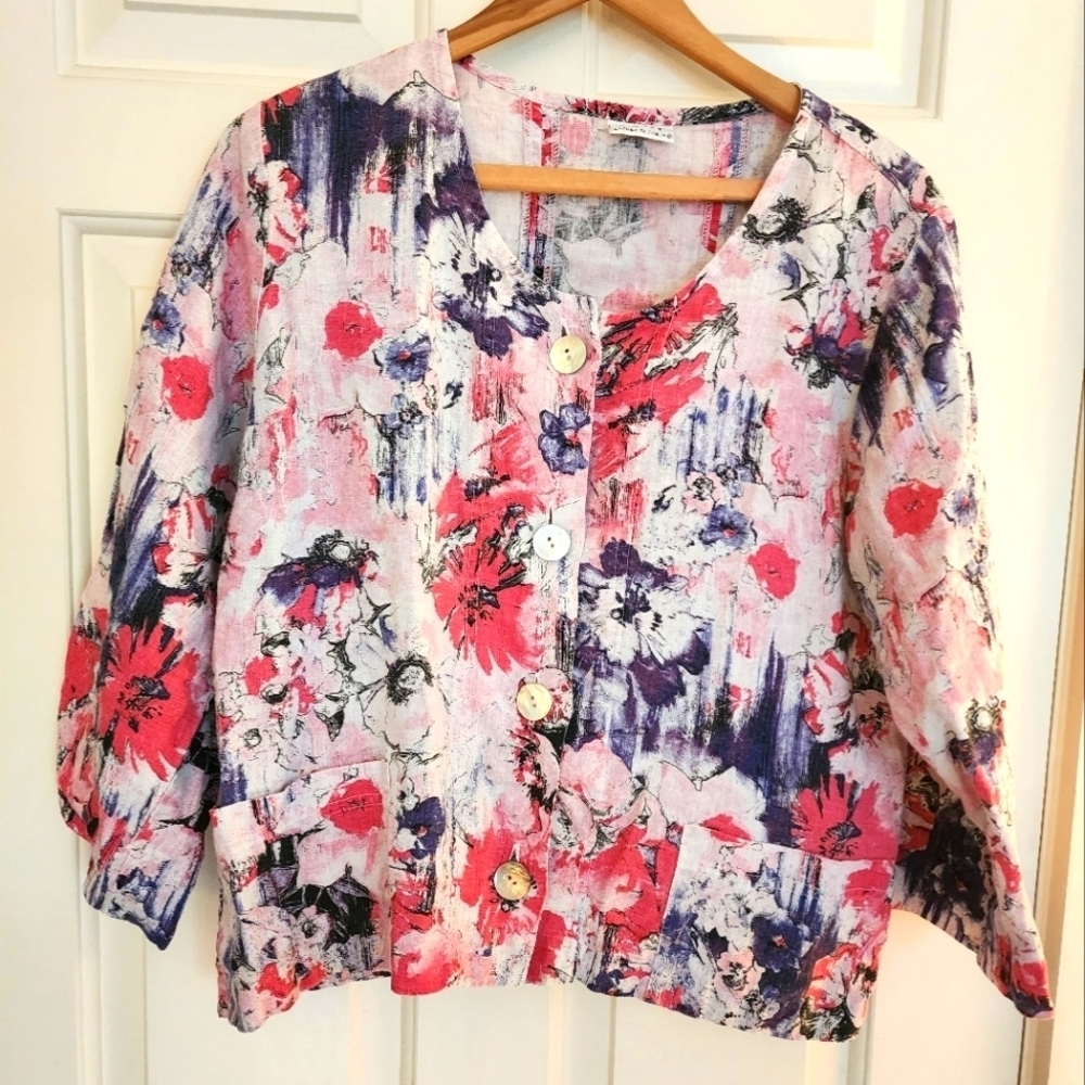 Habitat Jacket Blazer Purple Floral Shell Buttons Size M Linen Beach Coastal